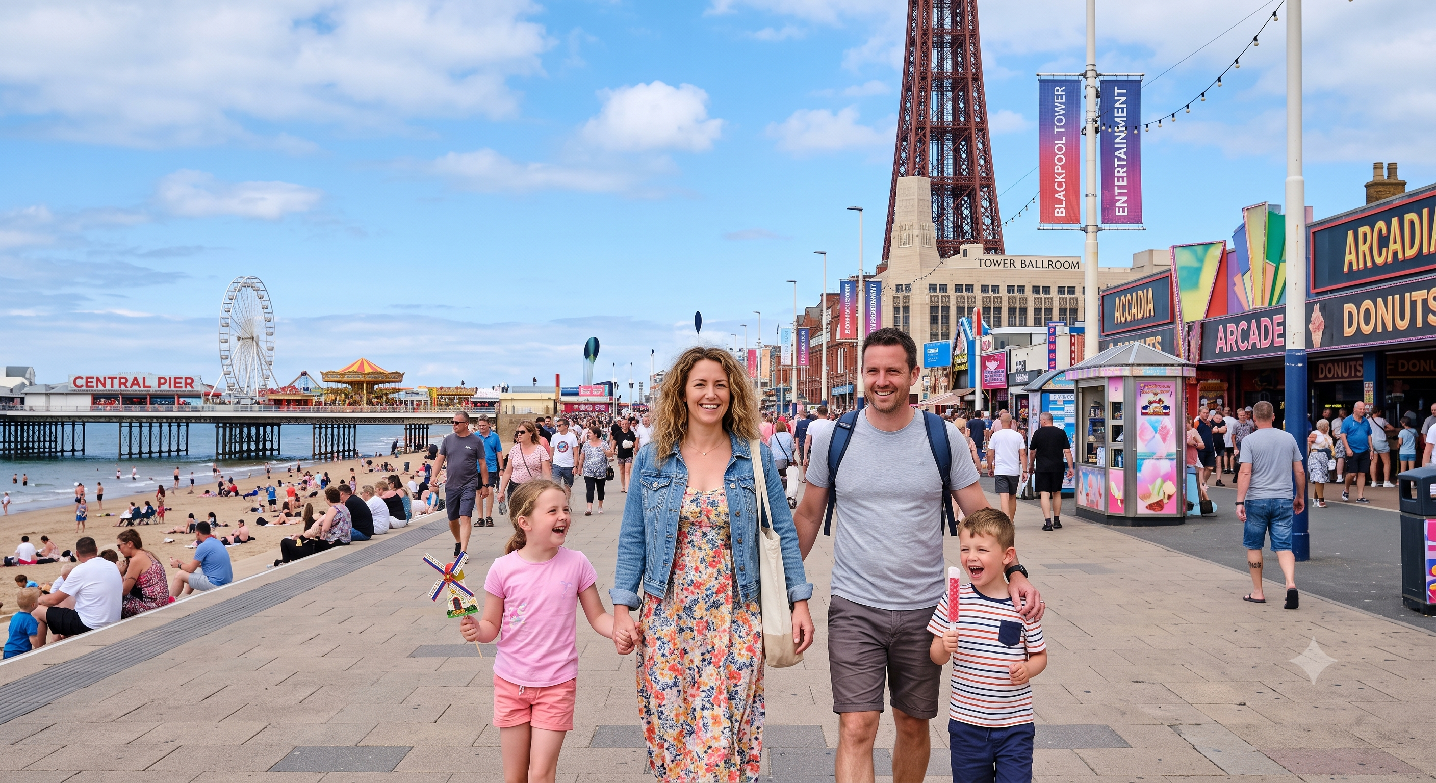 A family walking happily on the Blackpool promenade with the iconic Blackpool Tower rising in the background and the pier visible on the left